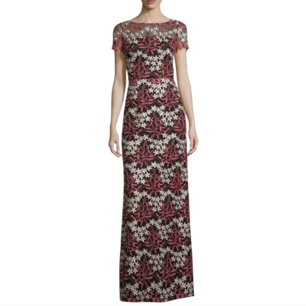 Aidan Mattox Floral Embroidered Lace Column Dress Long Gown‎ Pink Black Size 4